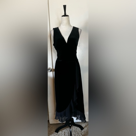 Vintage 90’s Connected Velvet Ruffle Hem Cocktail Dress Midi Plunging Neck noir - Picture 16 of 16